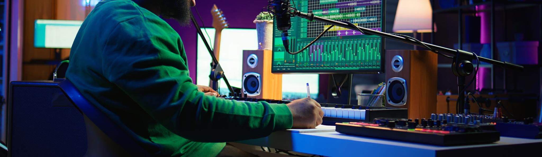 Songwriter producing soundtracks with audio interface gear