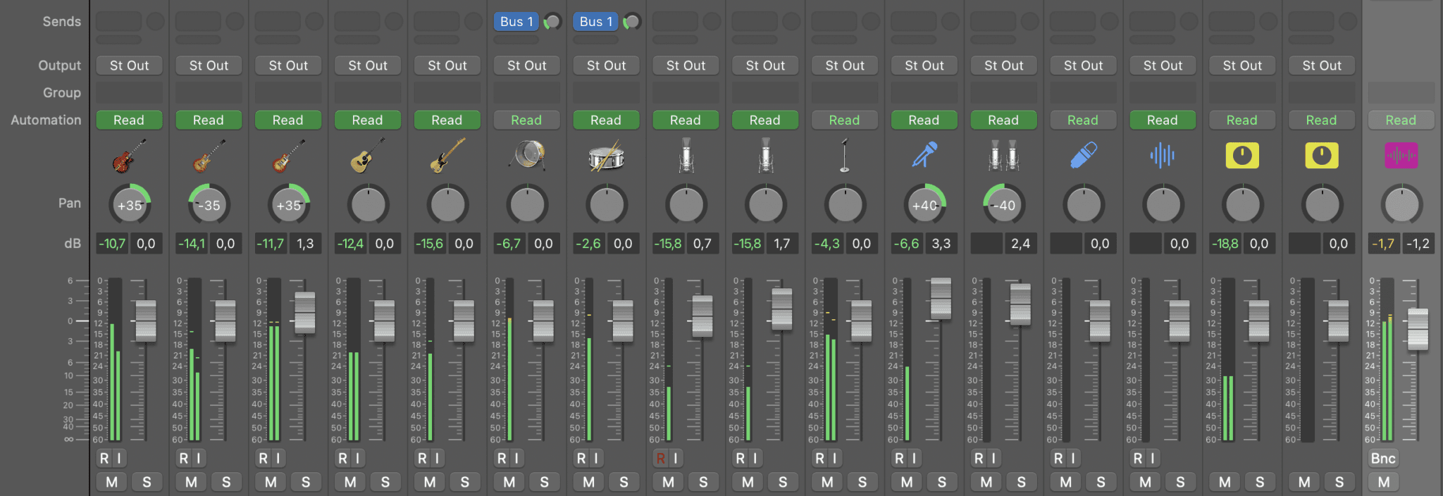 Audio mixing software interface with various audio channels and effects.