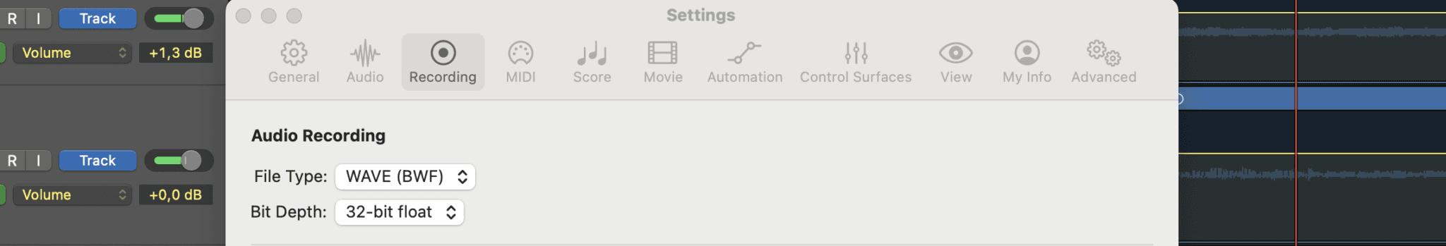 Logic Pro Recording Settings in 32-Bits