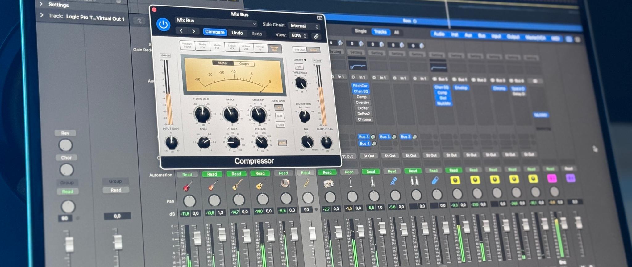 Logic Pro audio mixing interface with compressor and audio levels visible.