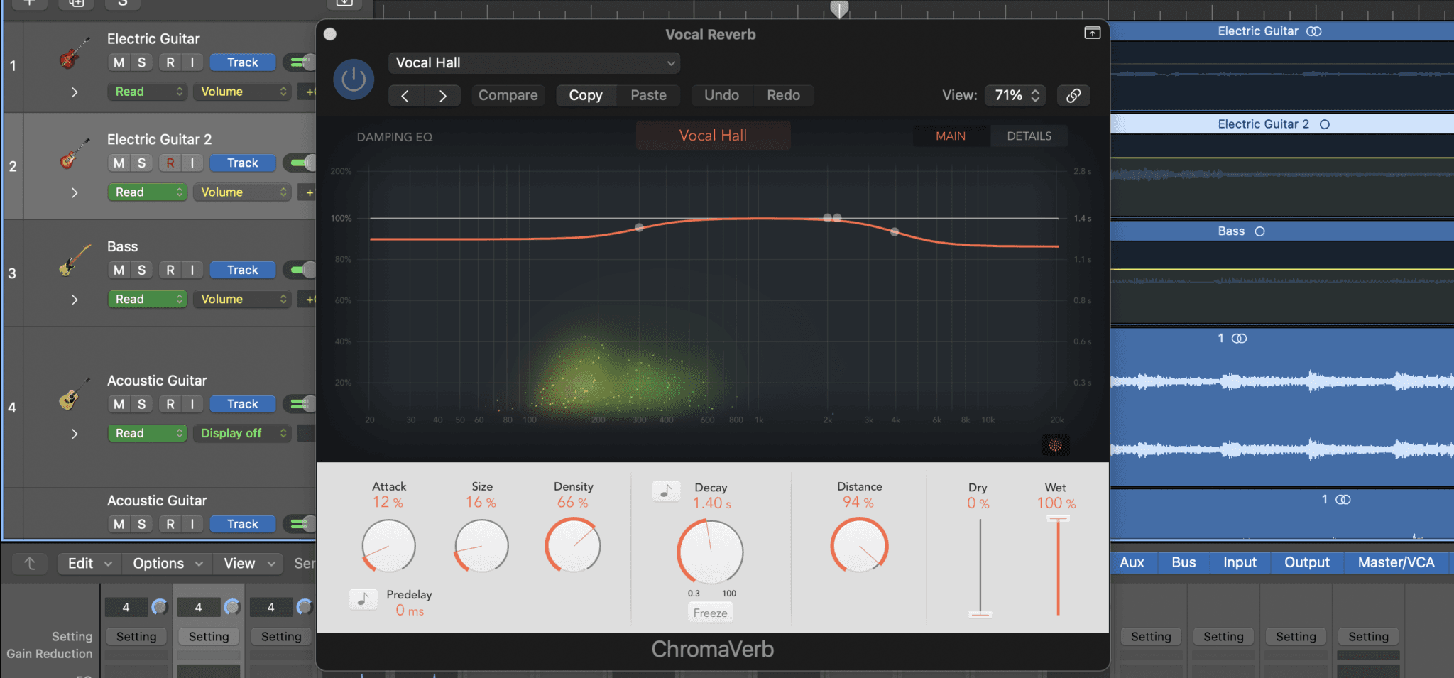 Logic Pro interface showcasing various tracks and reverb settings.