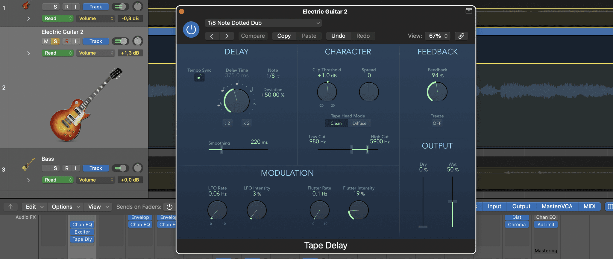 Audio production software interface showing a Tape Delay plugin with various settings.