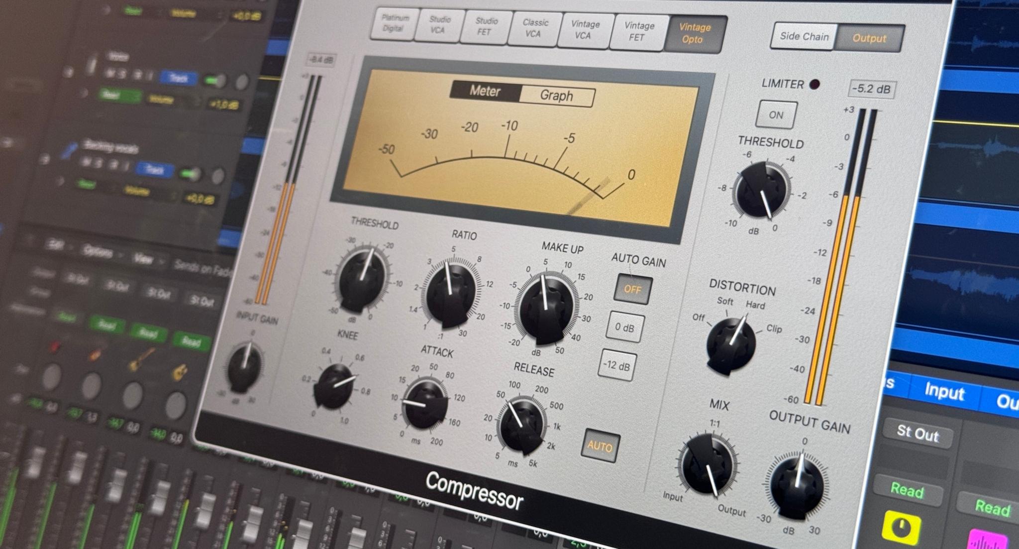 Logic Pro plugin interface showing a compressor with various settings and levels visible.