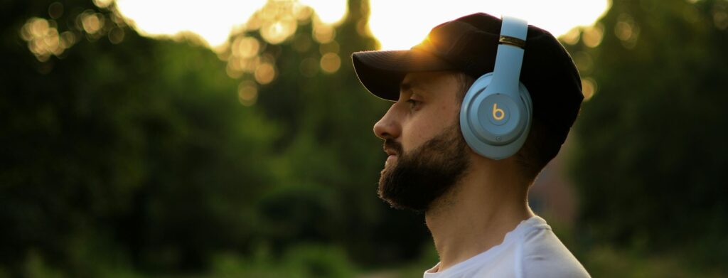 man walking with headphones